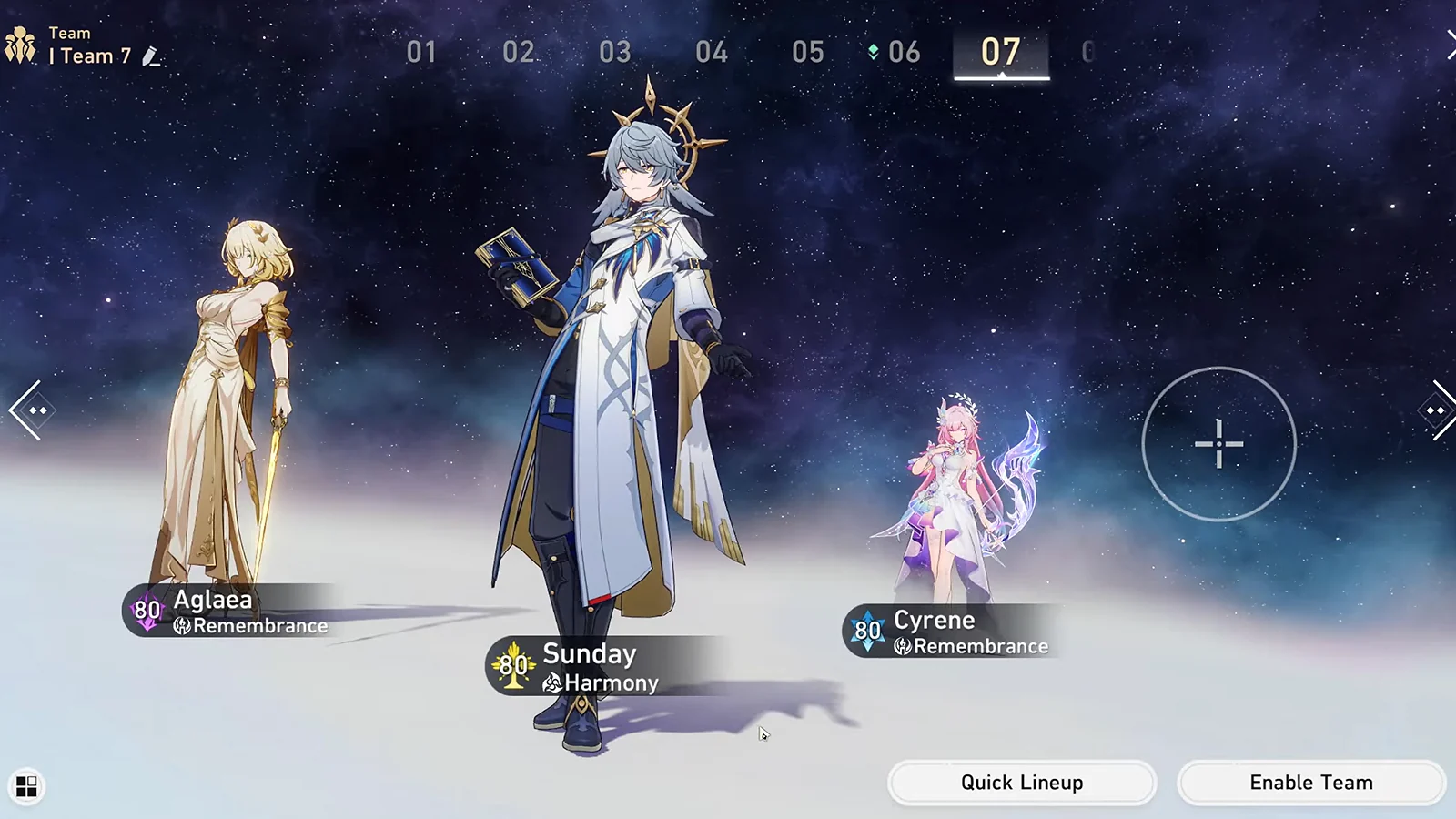 Aglaea team composition featuring Sunday and Cyrene in Honkai: Star Rail
