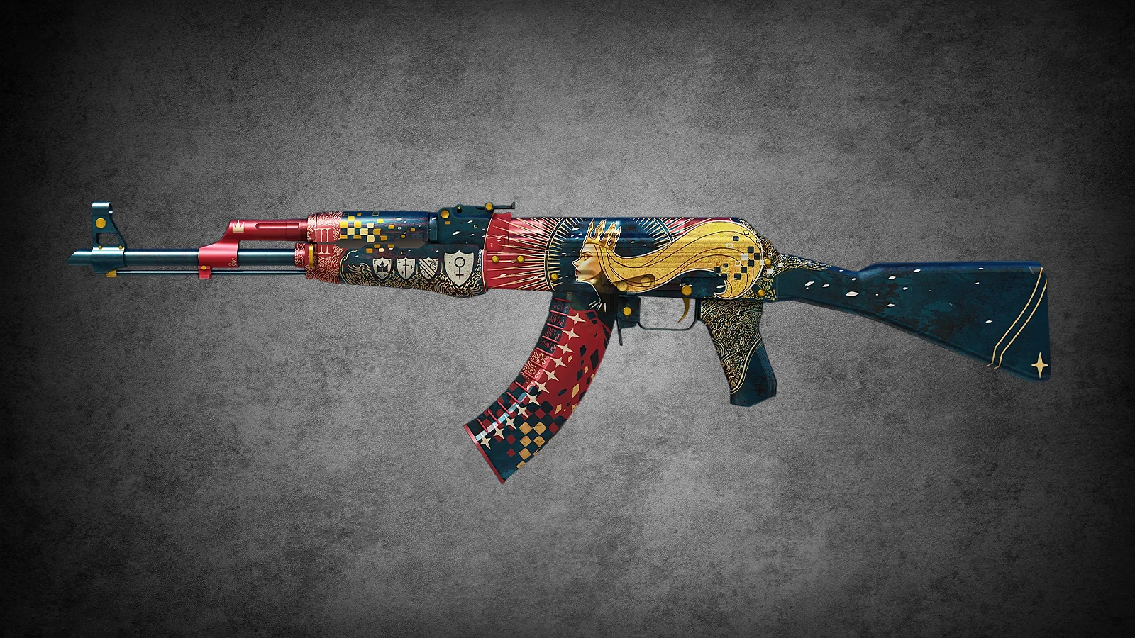 AK-47 The Empress skin with a regal tarot-style woman and gold sunbeam details in CS2