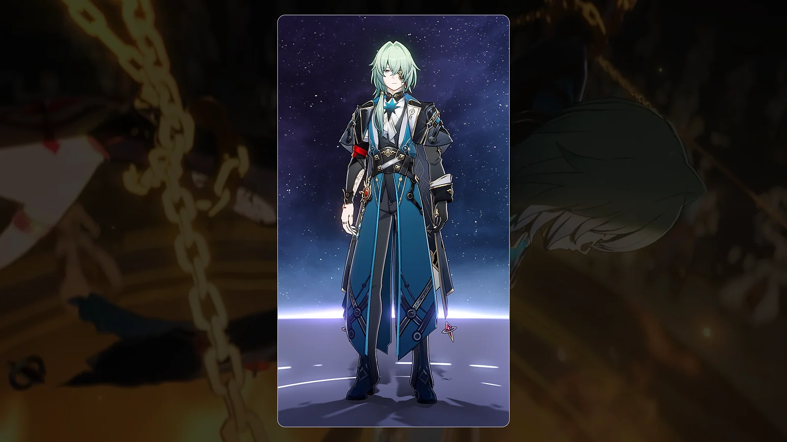 Honkai: Star Rail: Anaxa character in blue and black regalia with mint green hair