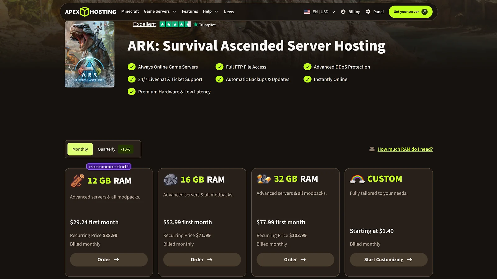Apex Hosting ARK: Survival Ascended server hosting page featuring tiered RAM plans and features