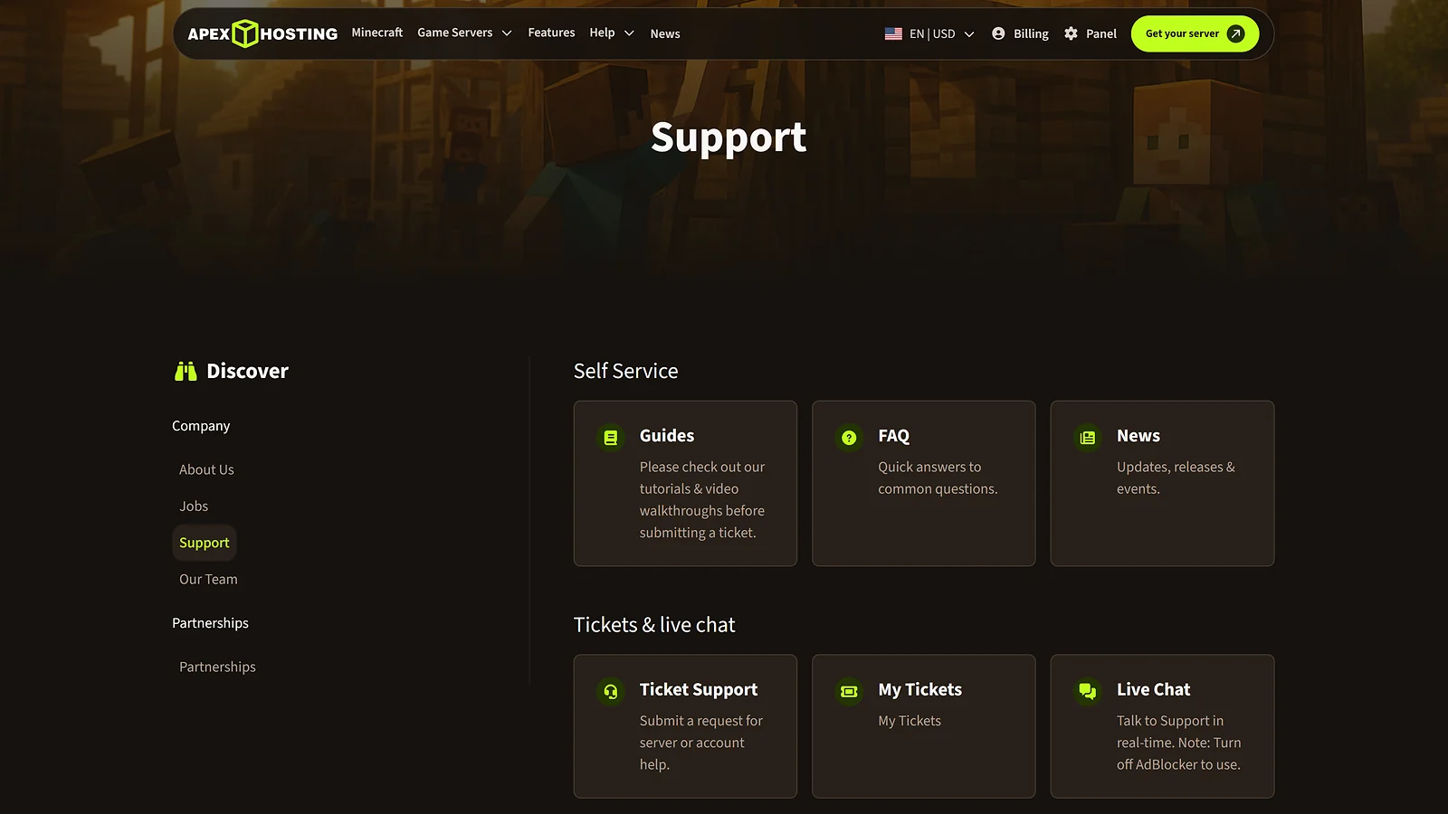 Apex Hosting: Support center featuring guides, live chat, and ticket assistance for game servers