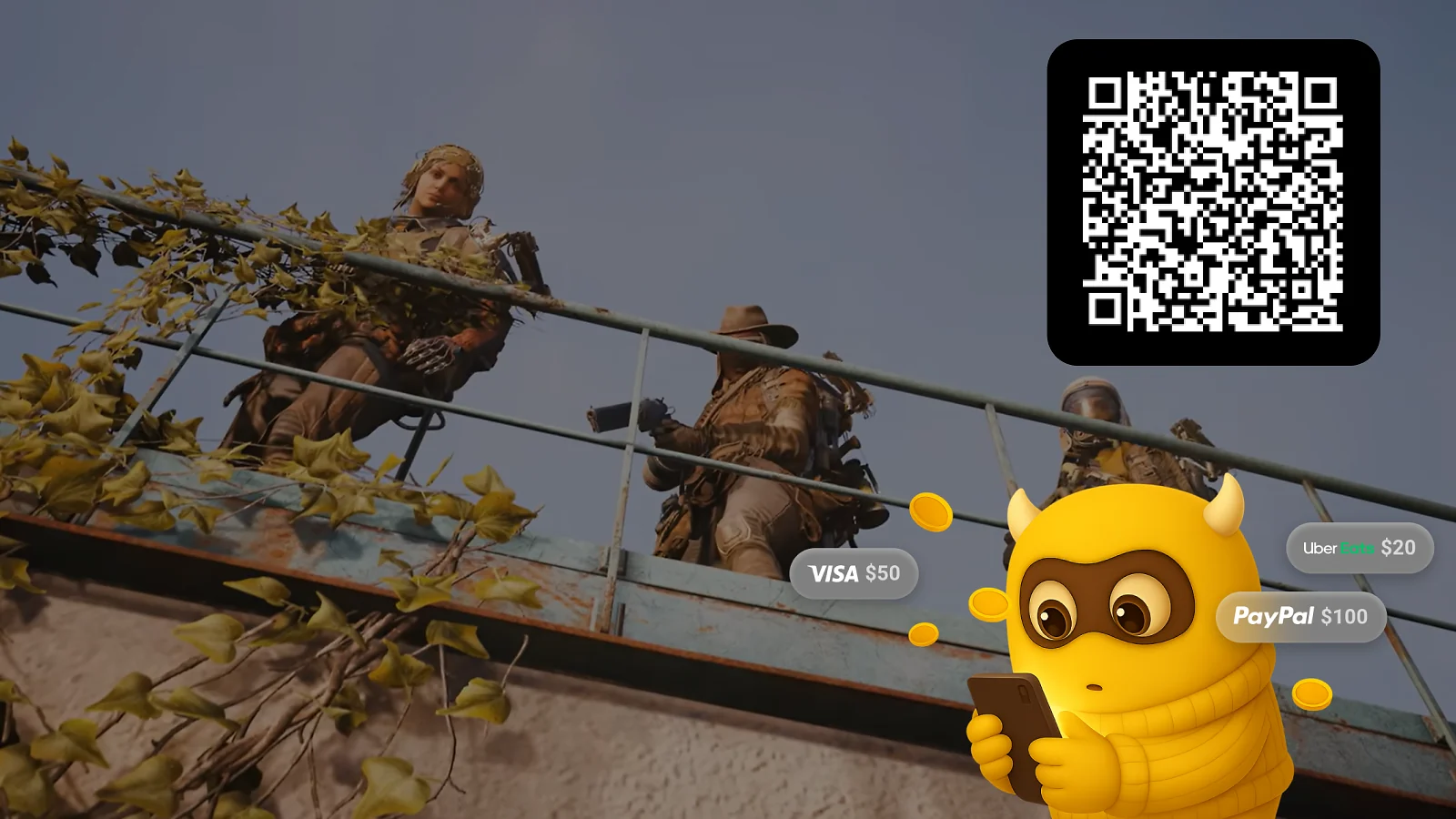 Gameplay, snakzy mascot and qr code