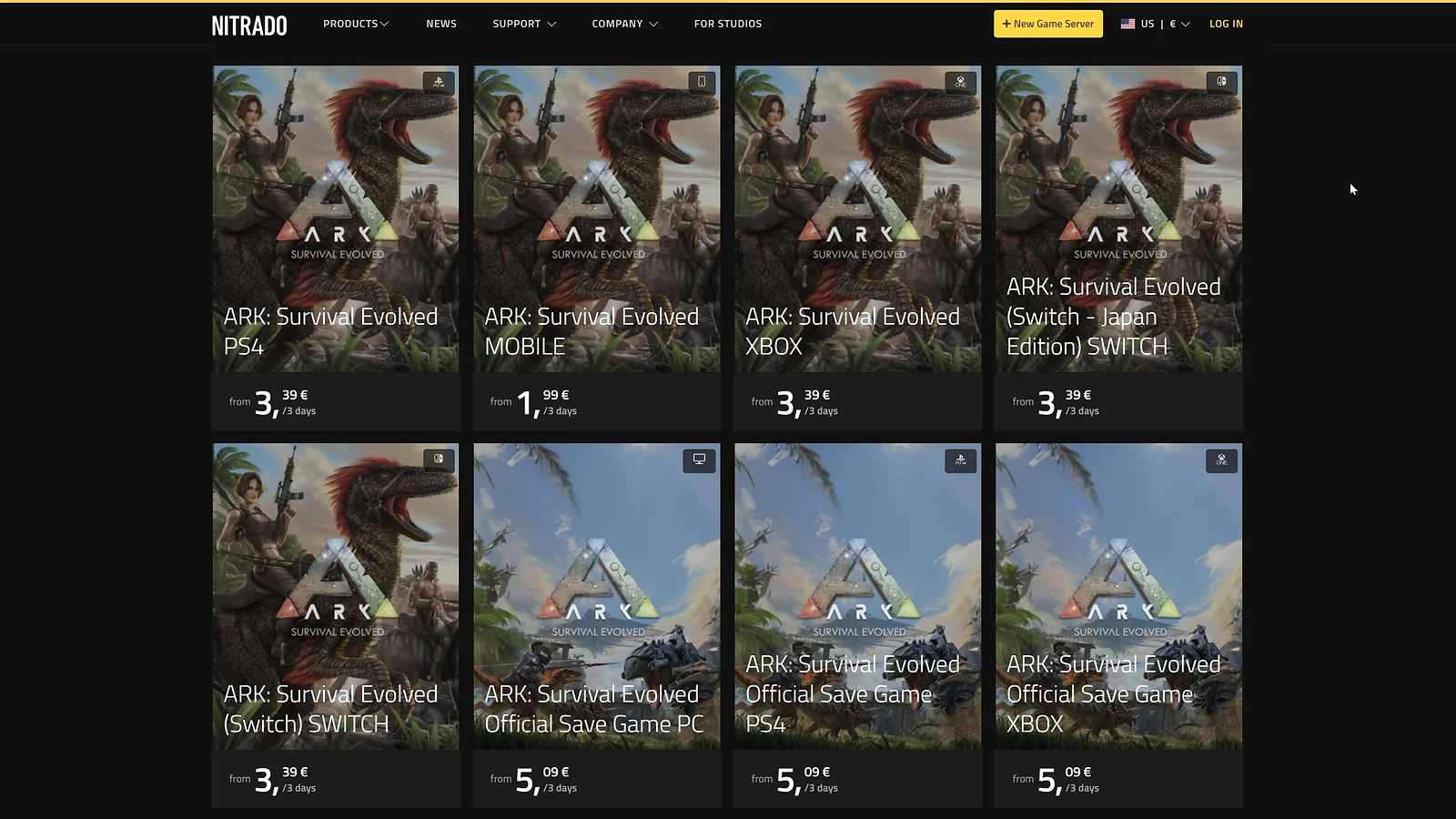 Nitrado server rental options for ARK: Survival Evolved on PS4, Xbox, Mobile, and Switch