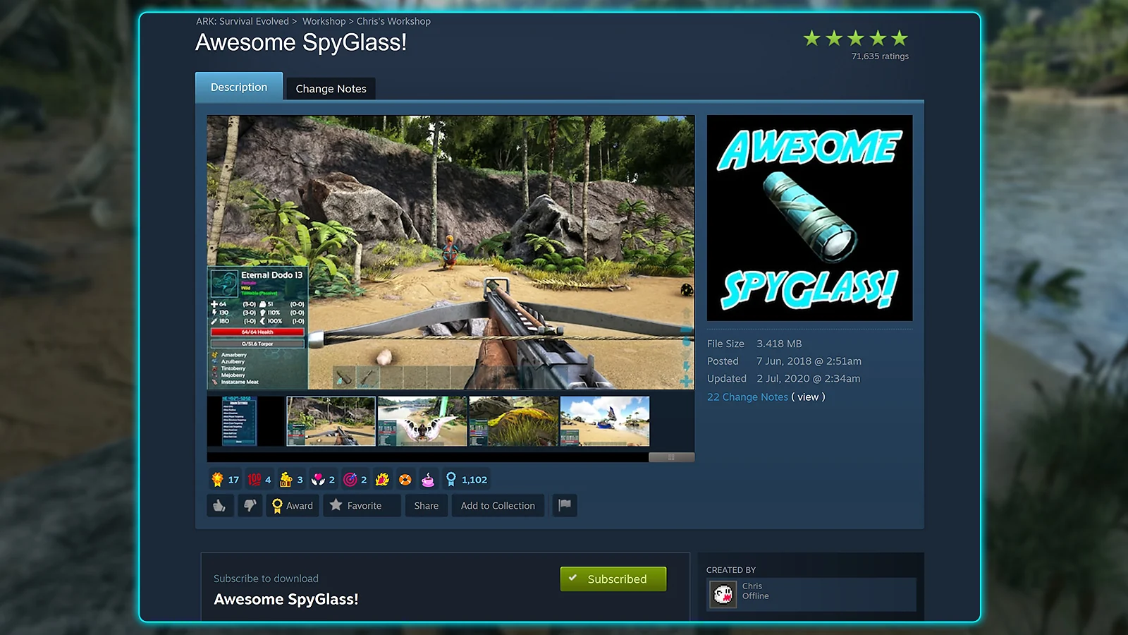 Steam Workshop page for the Awesome SpyGlass mod showing in-game creature stats and UI