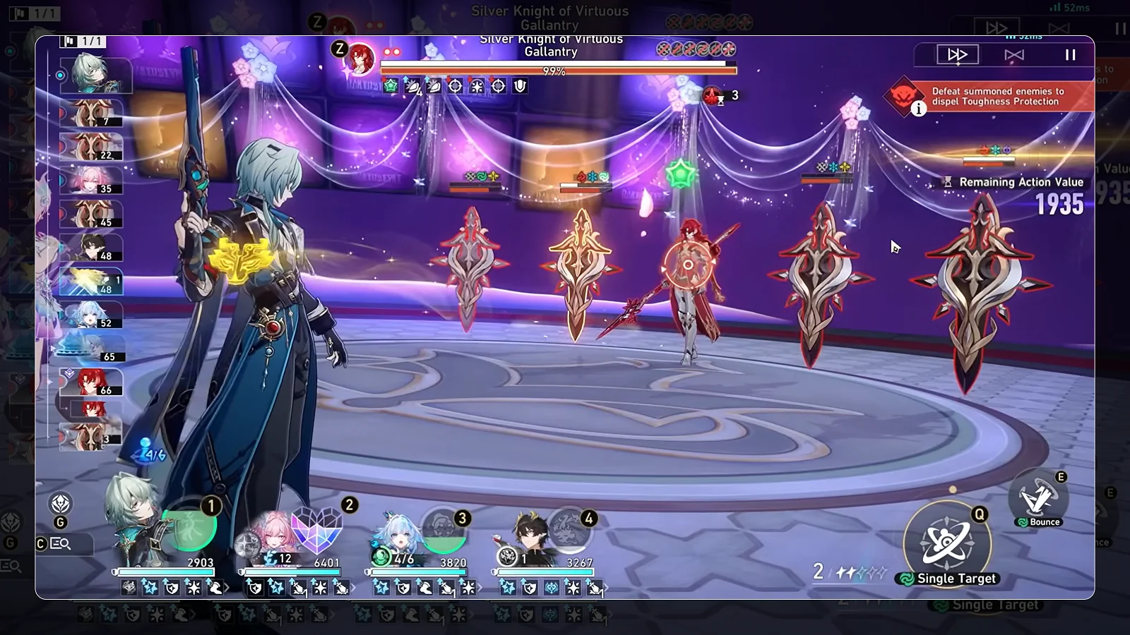 Anaxa in a turn-based battle against Silver Knight of Virtuous Gallantry in Honkai: Star Rail