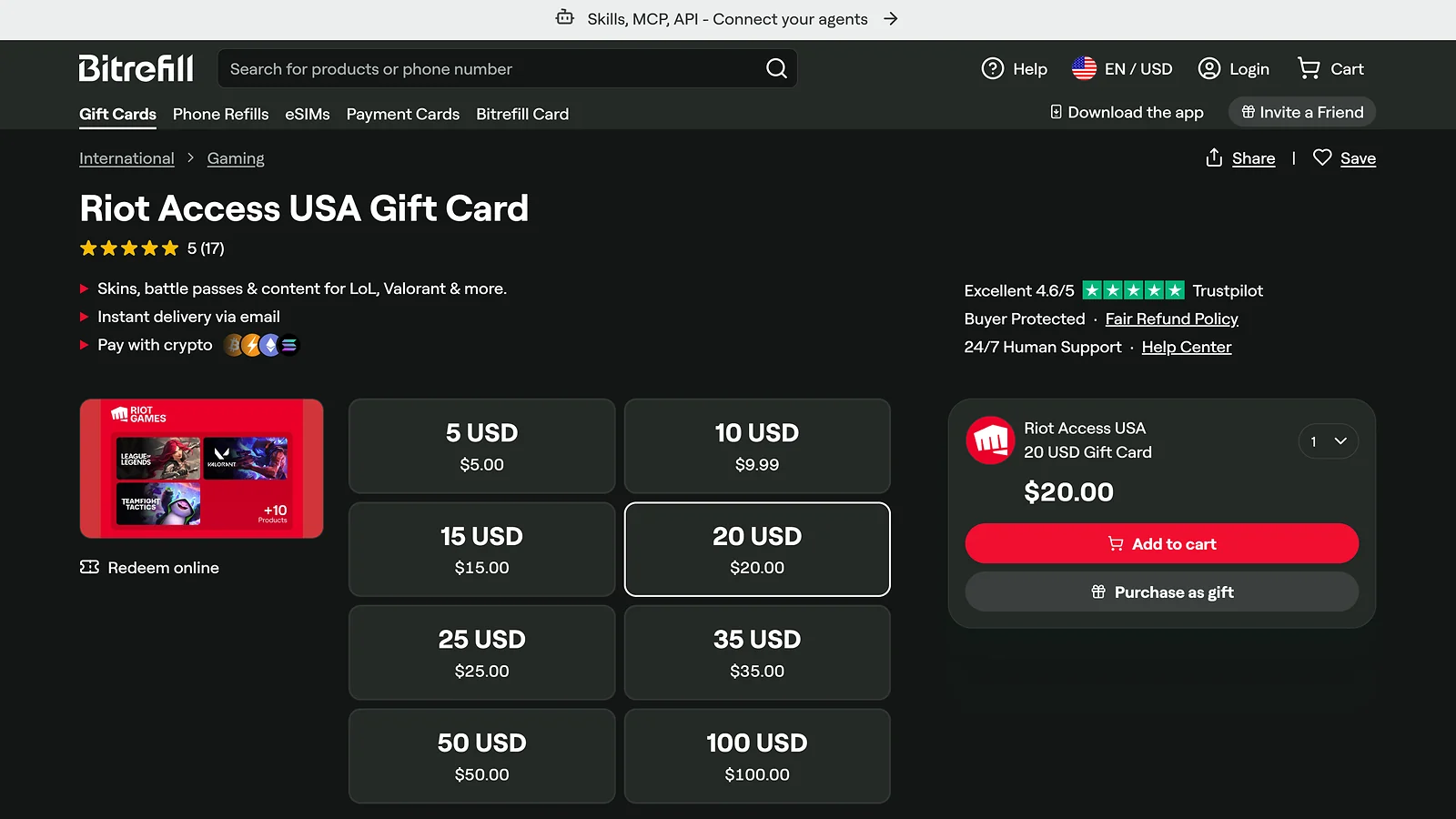 Bitrefill: Buy League of Legends gift cards with Bitcoin and other cryptocurrencies for Riot Access USA