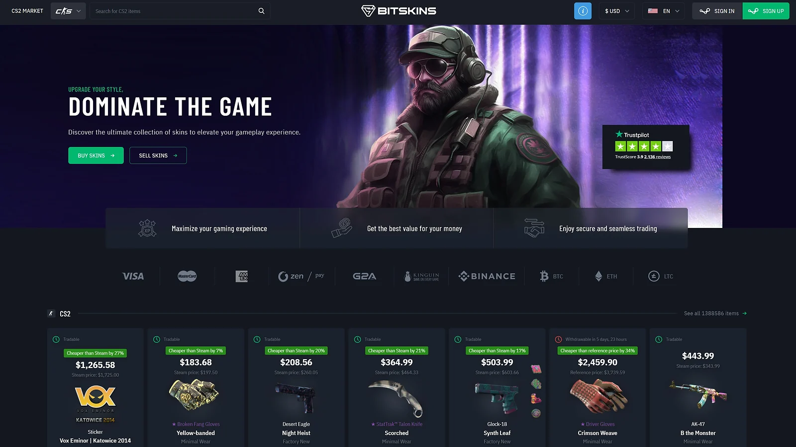 BitSkins CS2 marketplace: Real money skin trading, Trustpilot rating, and various payment methods