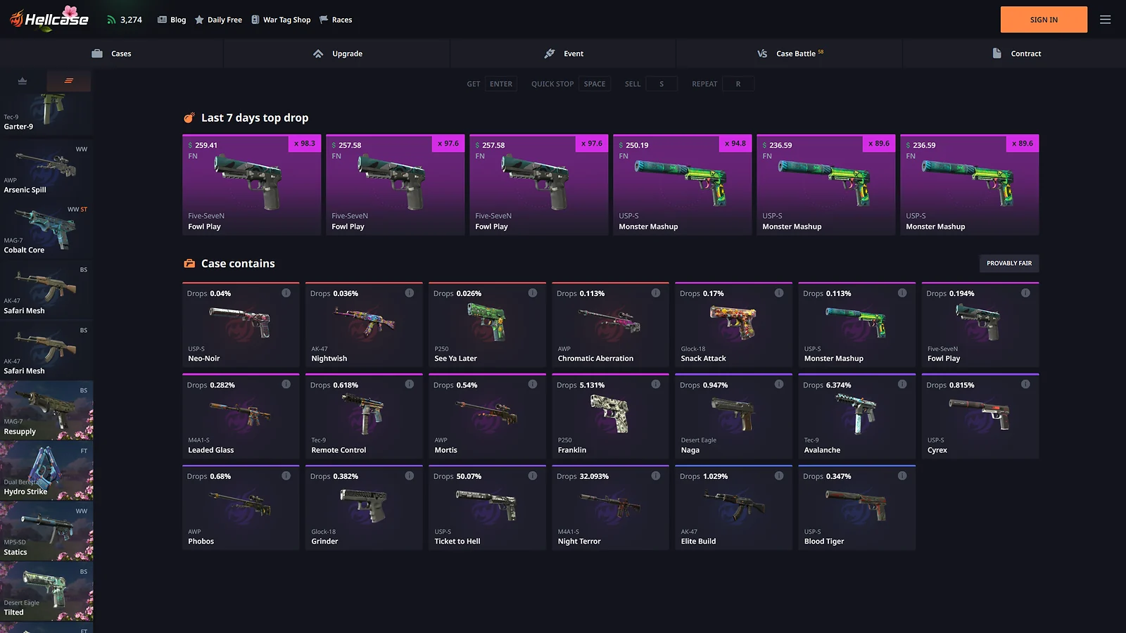 Hellcase CS2 skin drop probabilities for items including USP-S Neo-Noir, AK-47 Nightwish, and AWP Chromatic Aberration