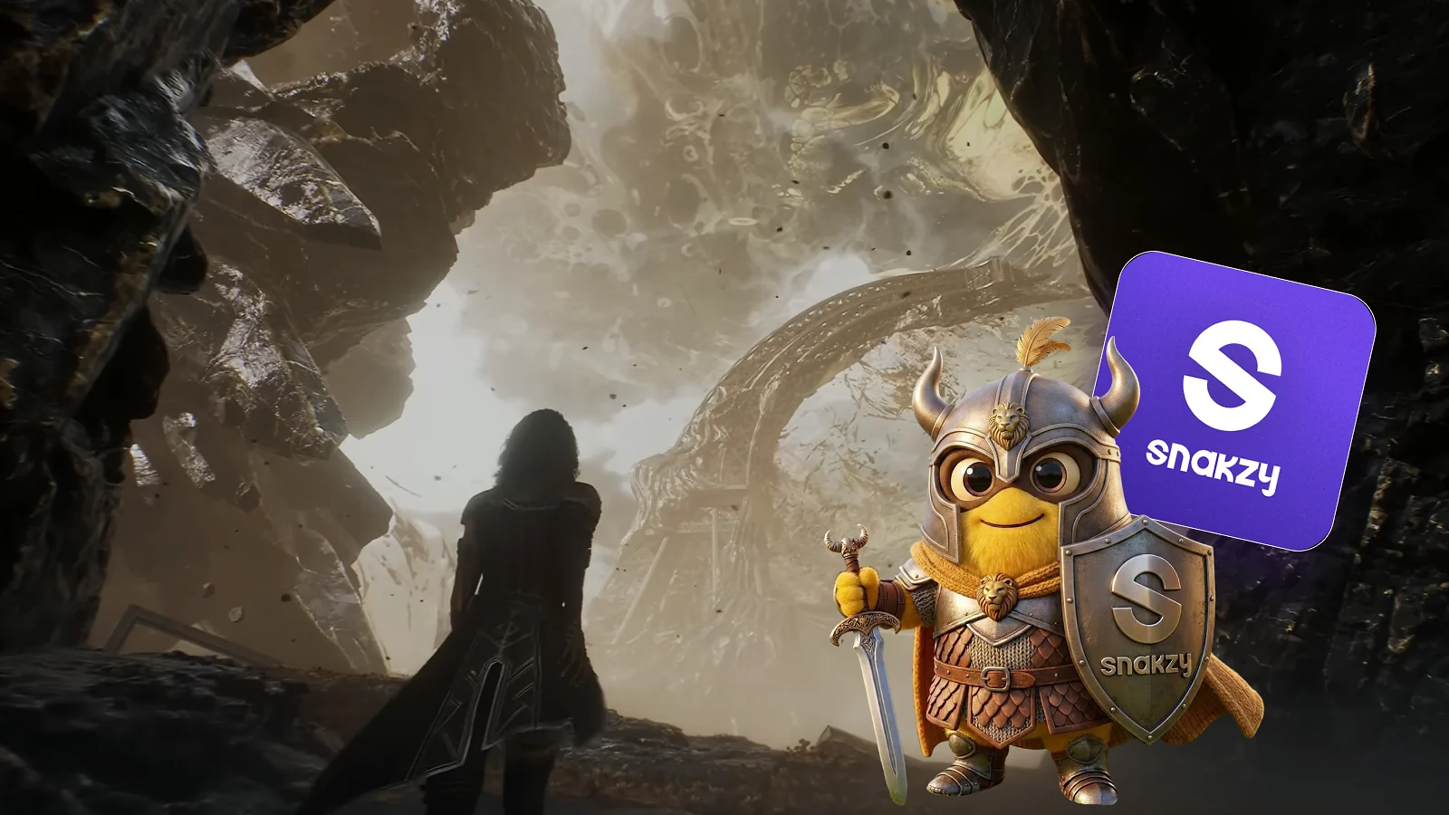 Clair Obscur: Expedition 33 gameplay next to the Snakzy mascot and logo