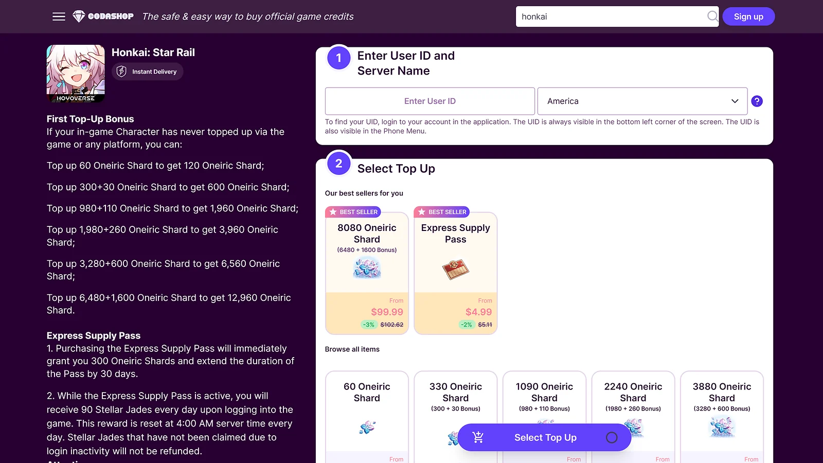 Codashop: Easy UID-based top-up for Honkai Star Rail Oneiric Shard bonuses