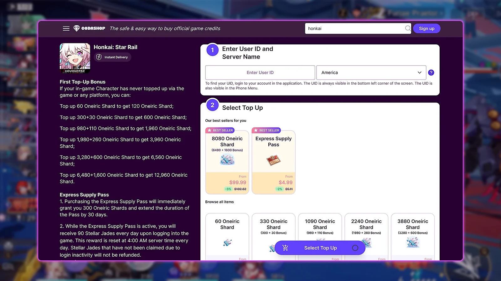 Codashop interface for Honkai: Star Rail, a safe third-party website to buy cheap Oneiric Shards