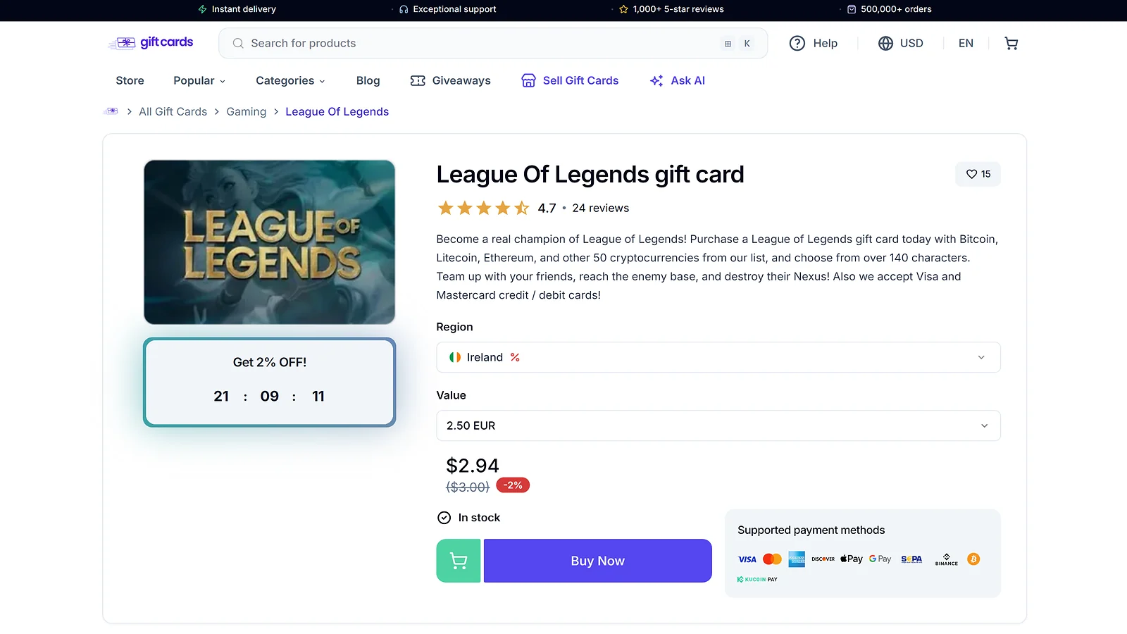 Coingate: League of Legends gift card purchase page with supported crypto and credit card payment methods