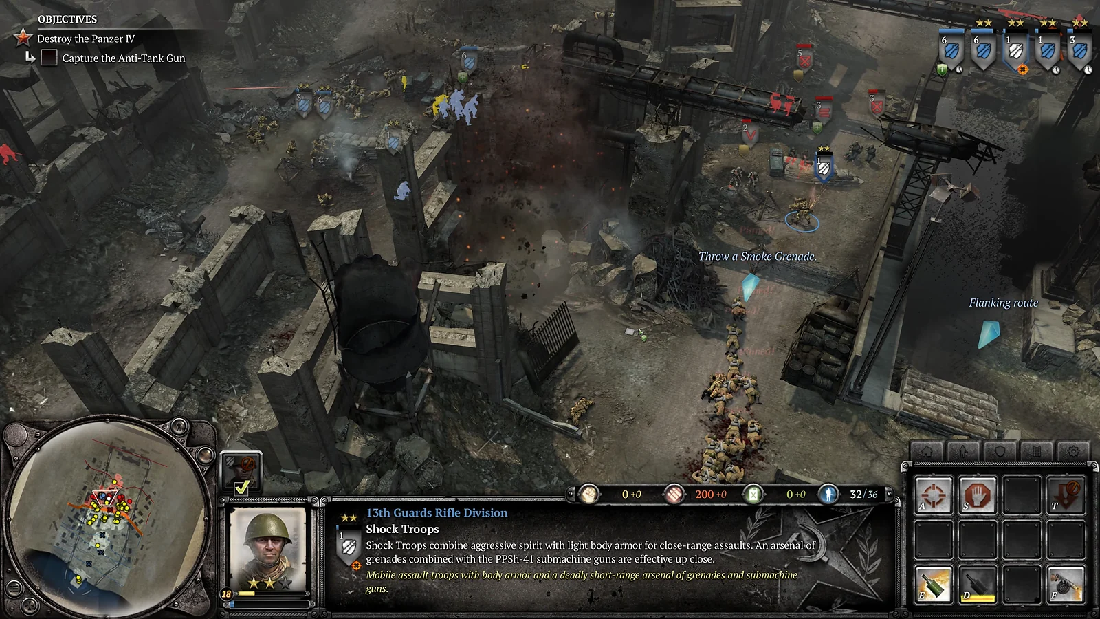 Overhead tactical view of a battlefield showing Shock Troops engaging in combat amidst ruined buildings in Company of Heroes 2