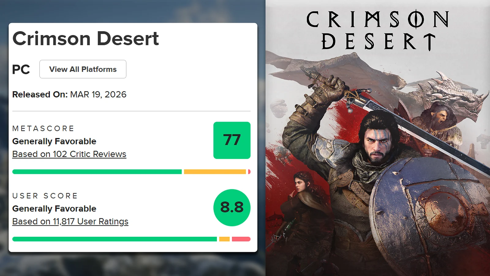 Crimson Desert Metacritic PC scores: 77 Metascore and 8.8 User Score