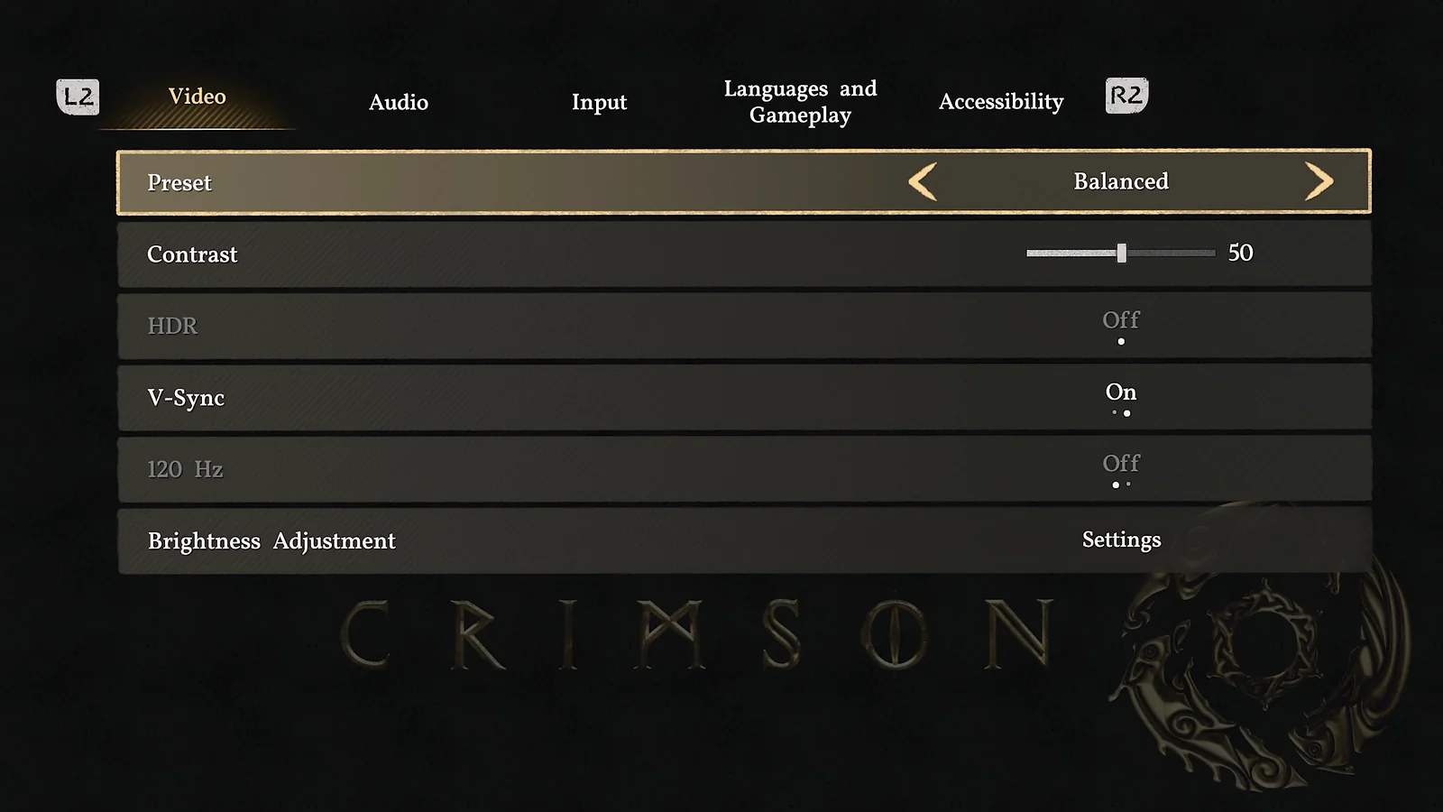Crimson Desert video settings menu on PS5 showing the Balanced preset mode