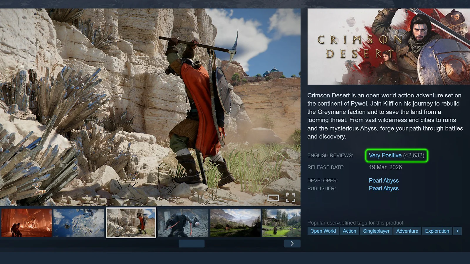 Crimson Desert Steam rating: Very Positive with over 42,000 user reviews