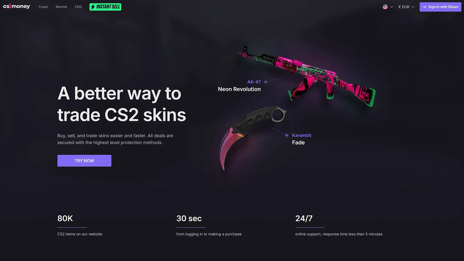 CS.MONEY CS2 trading site: Instant sell features, secure transactions, and high-end weapon skins