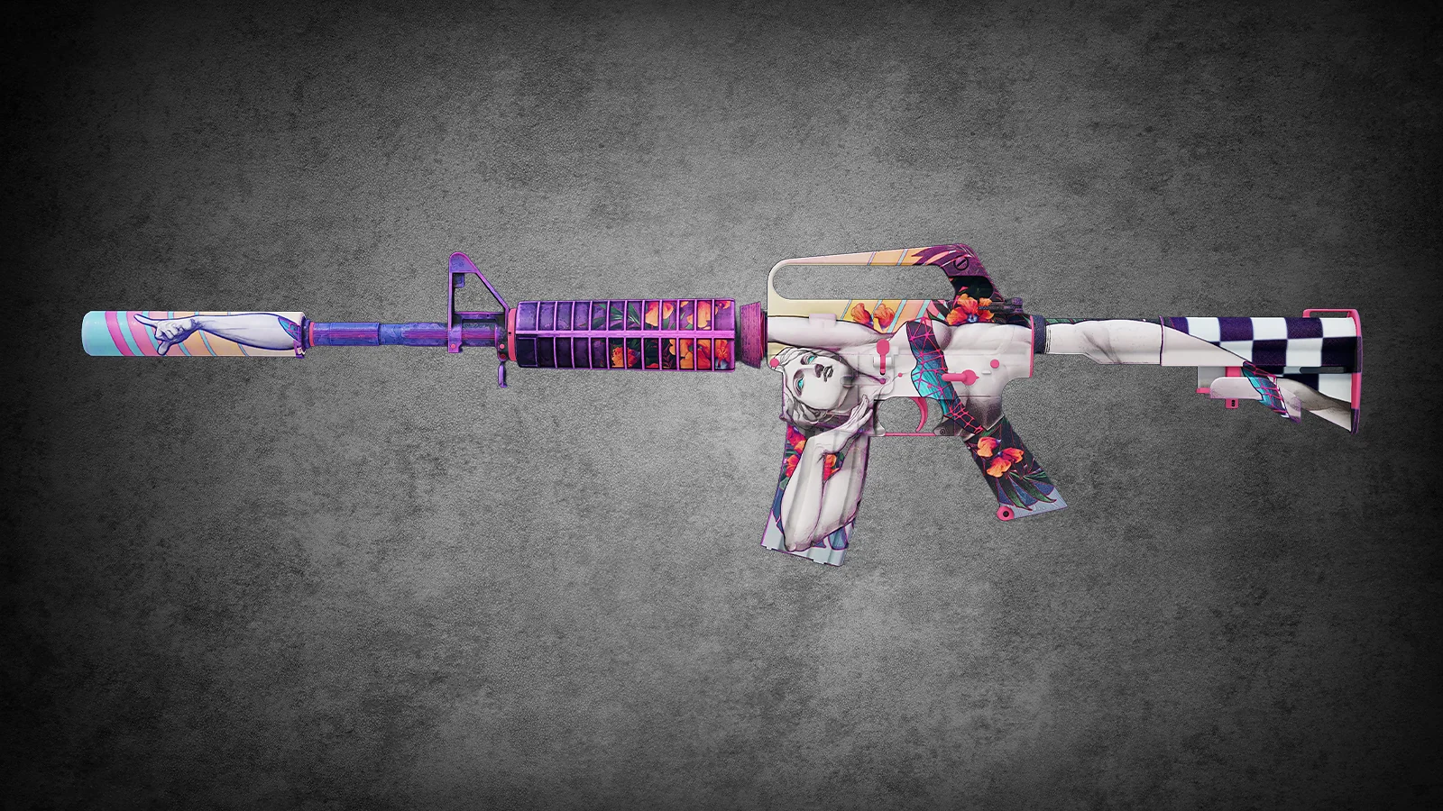 CS2 M4A1-S Vaporwave skin with a purple aesthetic and floral statue design