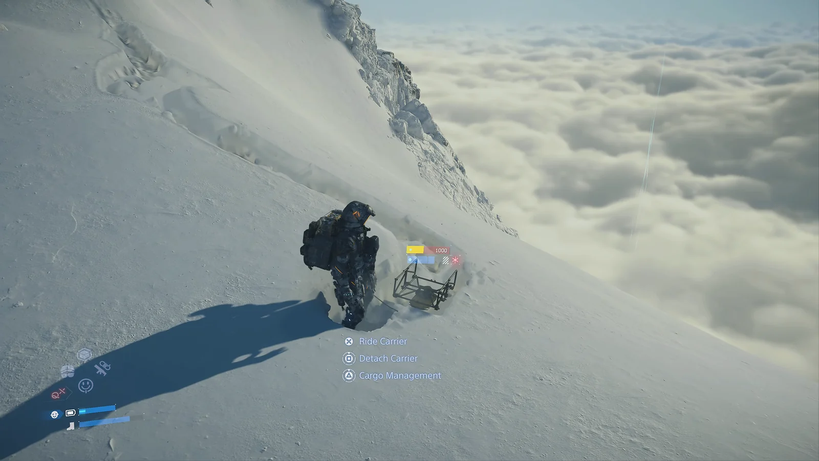 Sam standing on a snowy mountain slope next to a floating carrier in Death Stranding 2