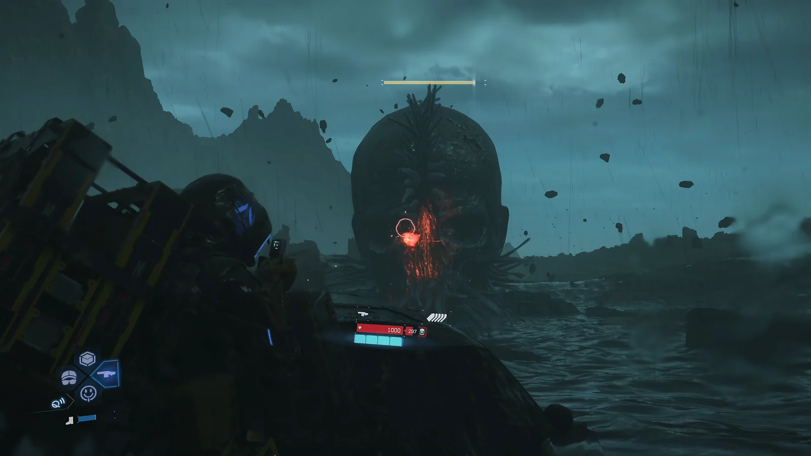 Aiming a weapon at a colossal, floating skull-shaped BT boss in a dark, rainy environment