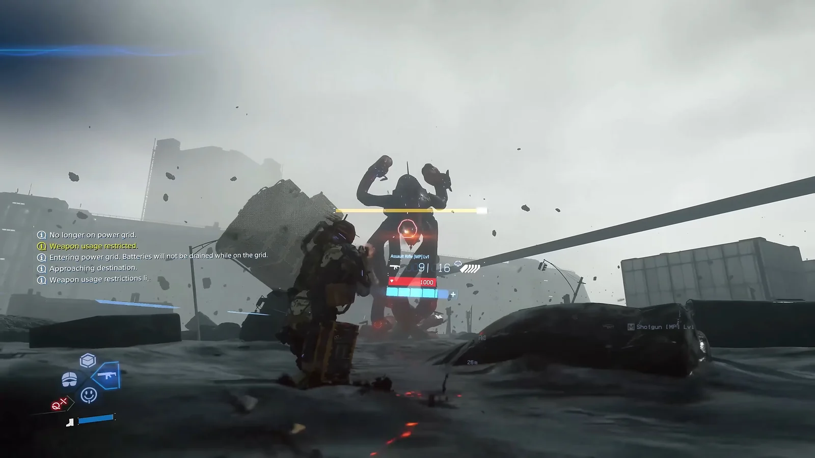 Sam aiming a rifle at a massive octopus-like mechanical boss in a foggy city