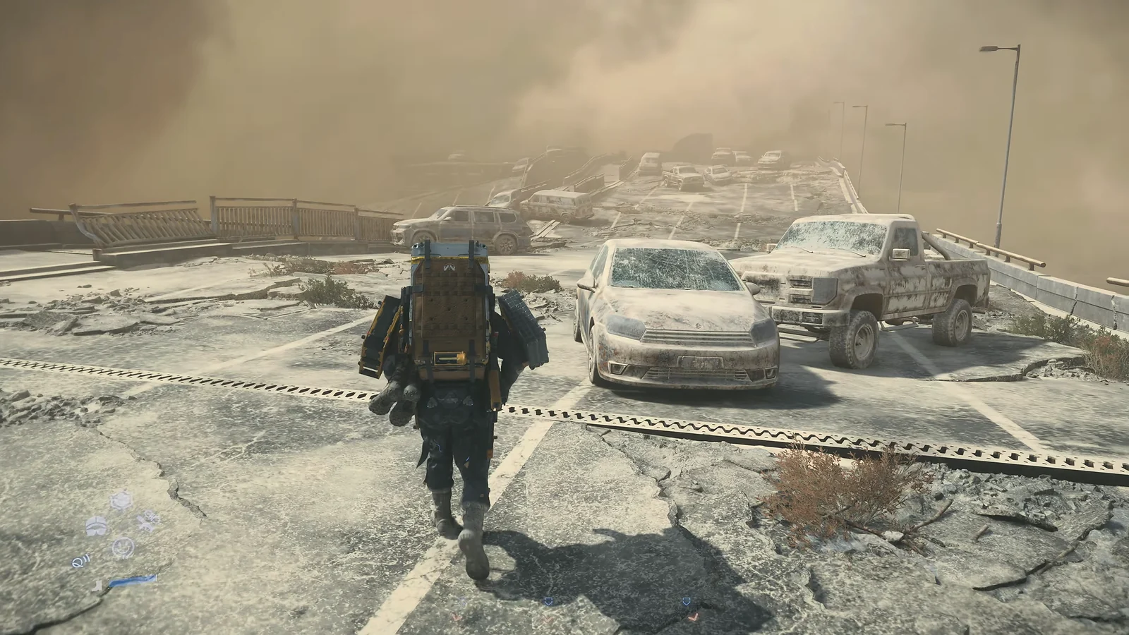 Sam walking across a derelict bridge covered in abandoned cars and dust