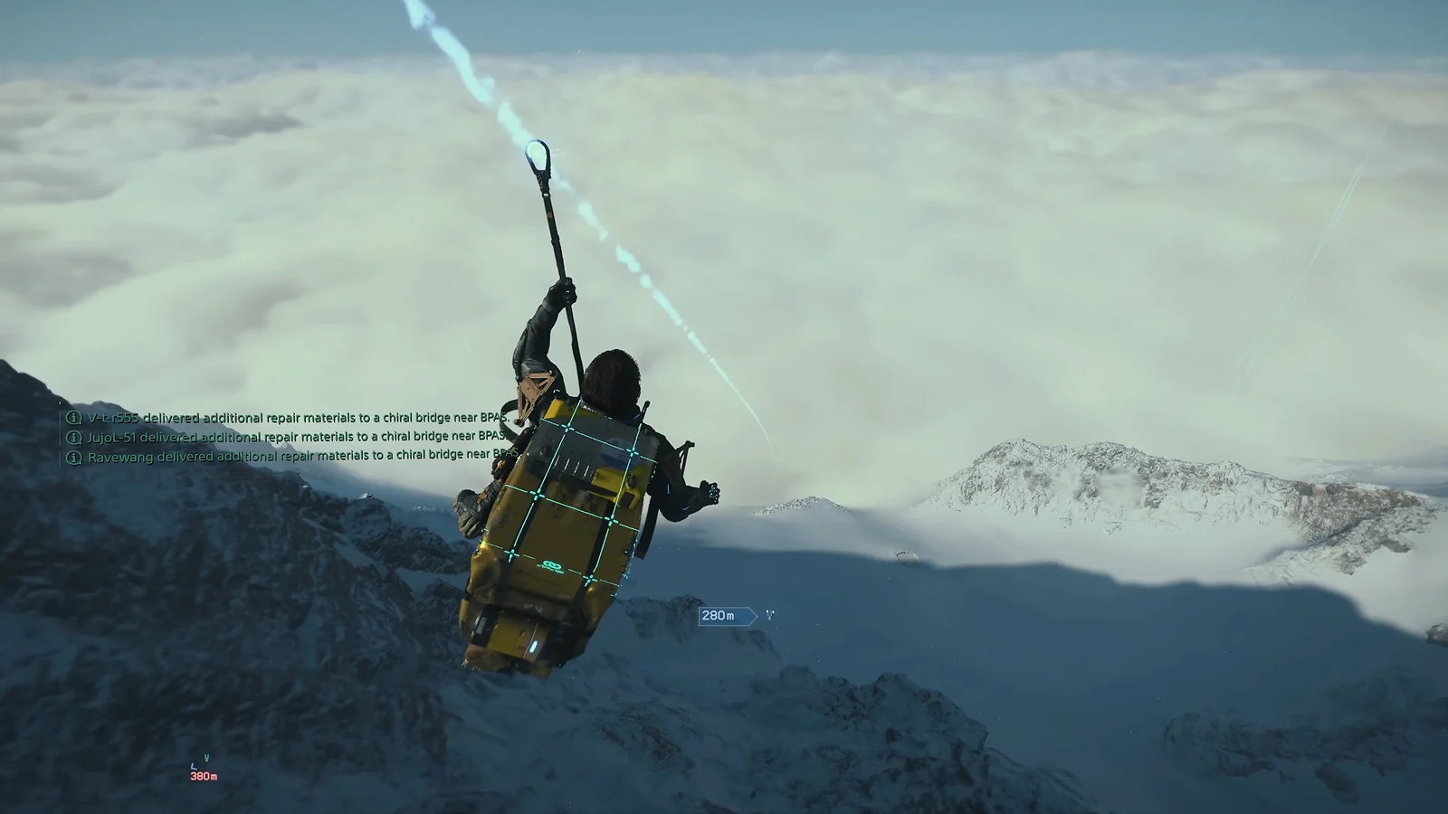 Sam using a zipline to travel over a snowy mountain range above the clouds in Death Stranding 2