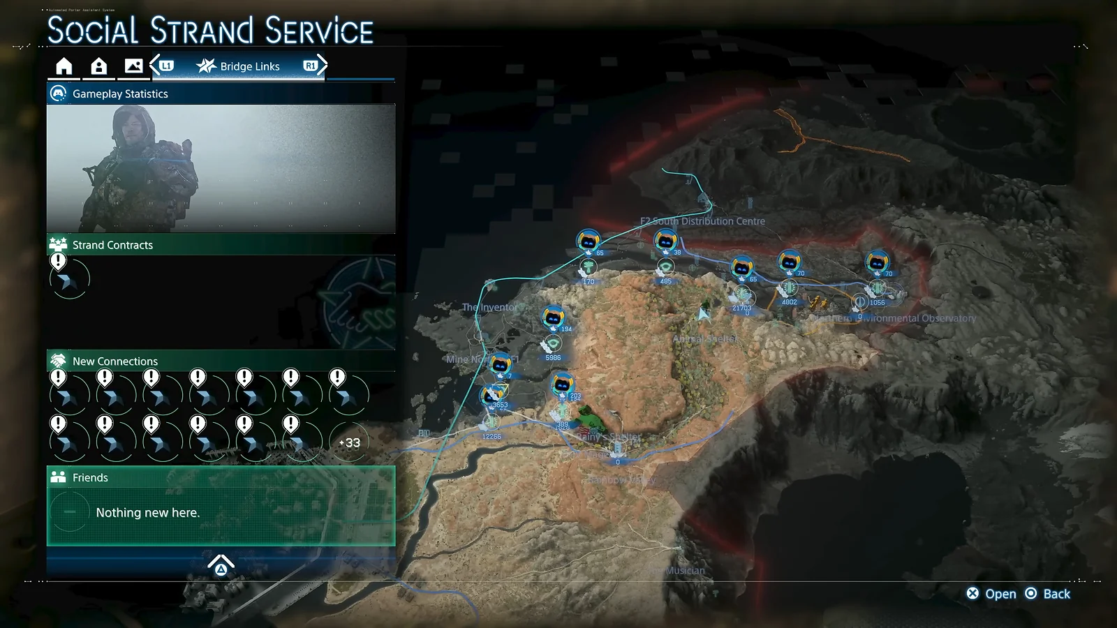The Social Strand Service menu map showing regions, connections, and gameplay statistics