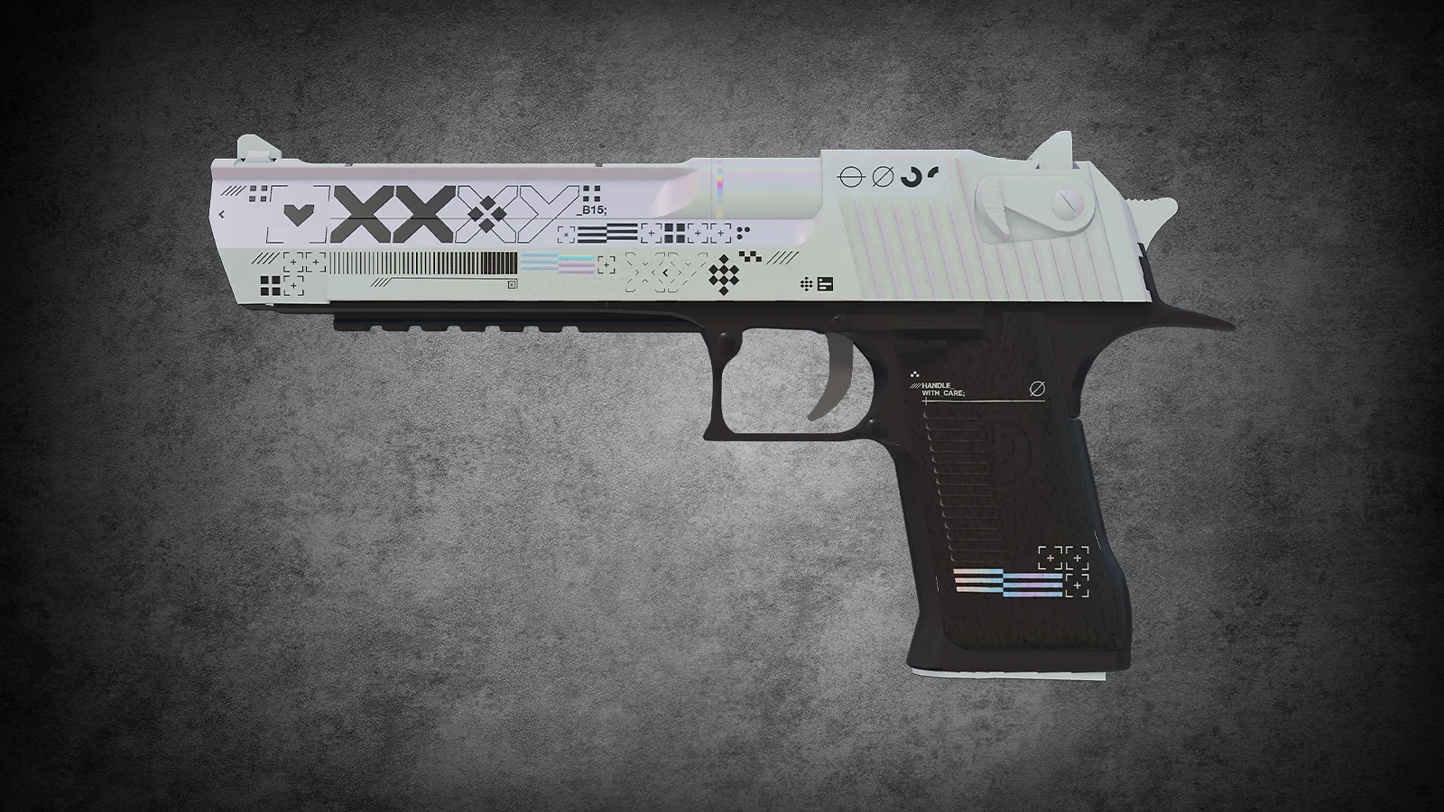 CS2 Desert Eagle Printstream skin with a pearlescent white finish and black geometric icons
