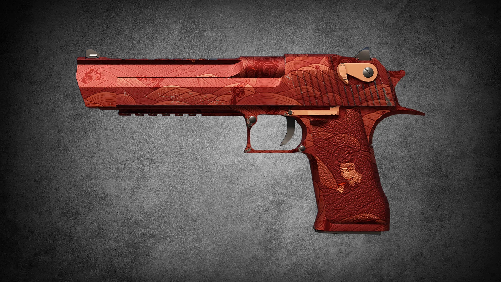CS2 Desert Eagle Sunset Storm skin featuring a red metallic finish and traditional Japanese wave art