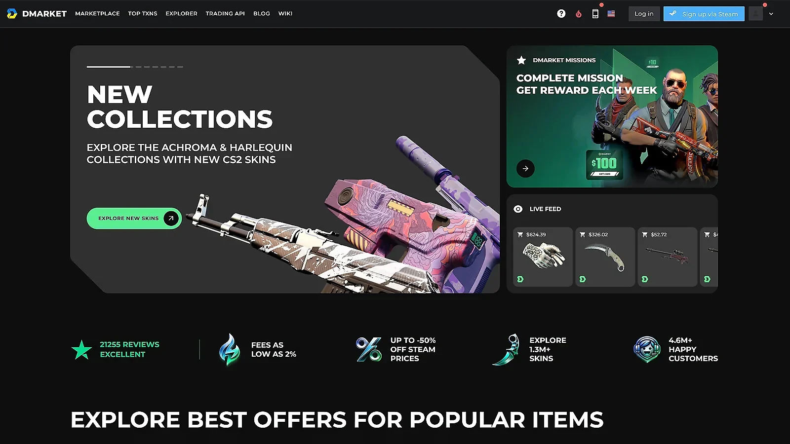 DMarket CS2 skin marketplace: New collections, low trading fees, and live item feed