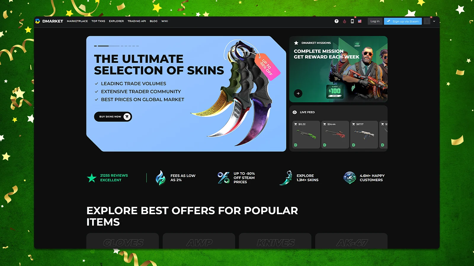 DMarket best CS2 trading platform: High trade volumes, low fees, and global market skin selection