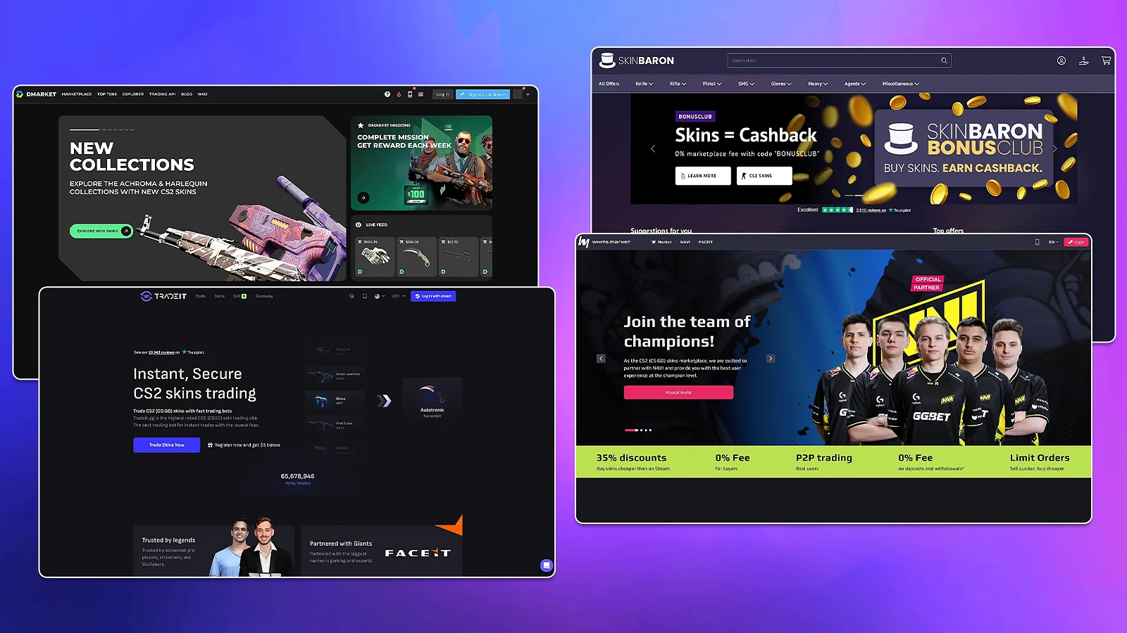 Interfaces of popular CS2 skin trading platforms DMarket, SkinBaron, Tradeit.gg, and White.market.
