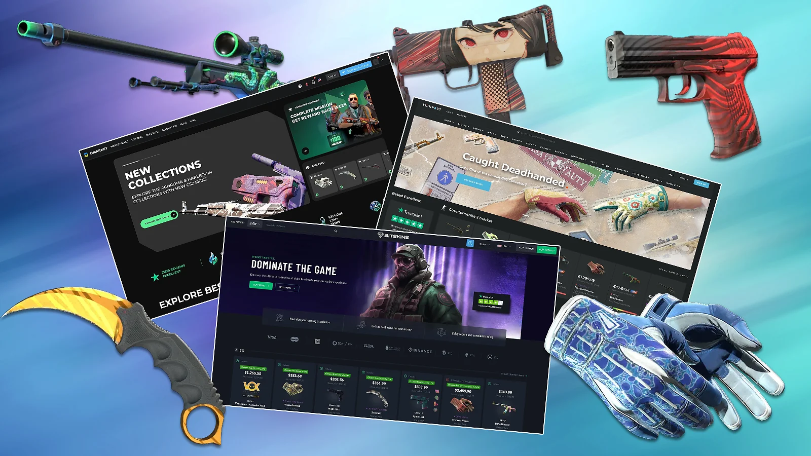 CS2 skin marketplaces: DMarket, Skinport, and BitSkins platforms displayed with high-tier skins