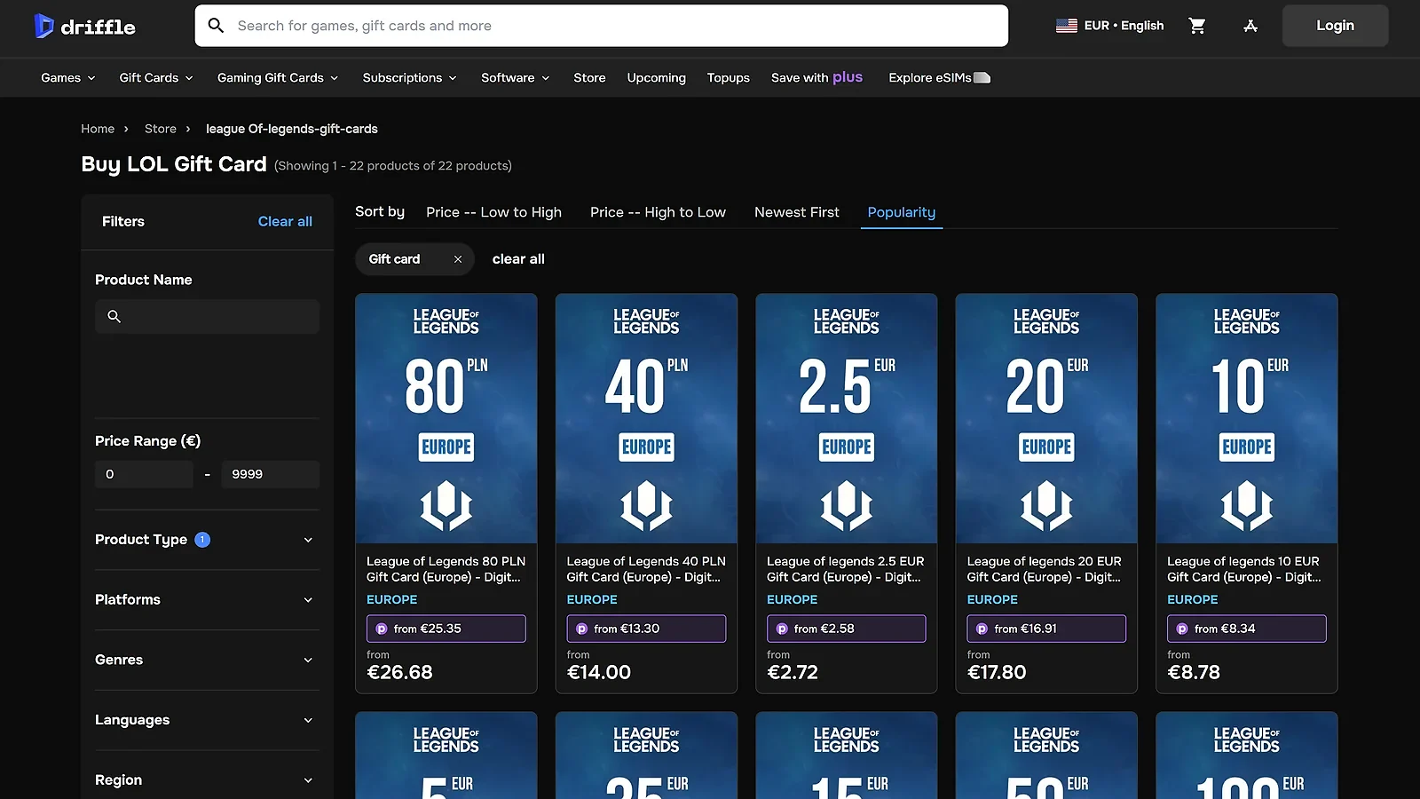 Driffle marketplace featuring various League of Legends gift cards for the Europe region.