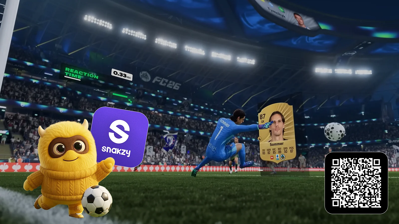 Goalkeeper, snakzy mascot, logo and QR code