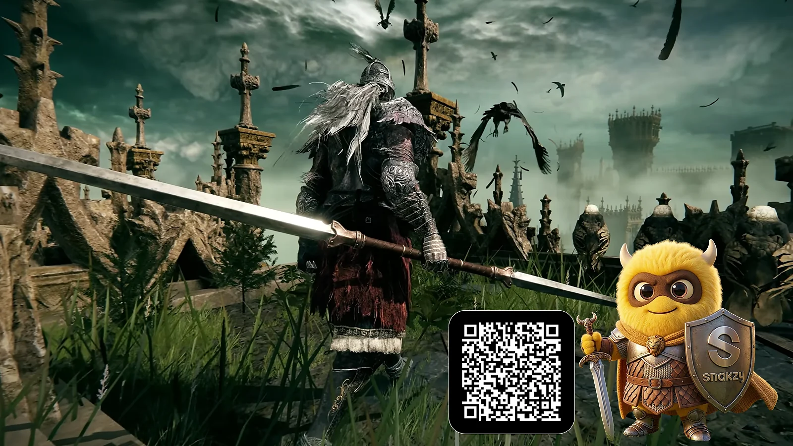 A warrior and snakzy mascot, QR code