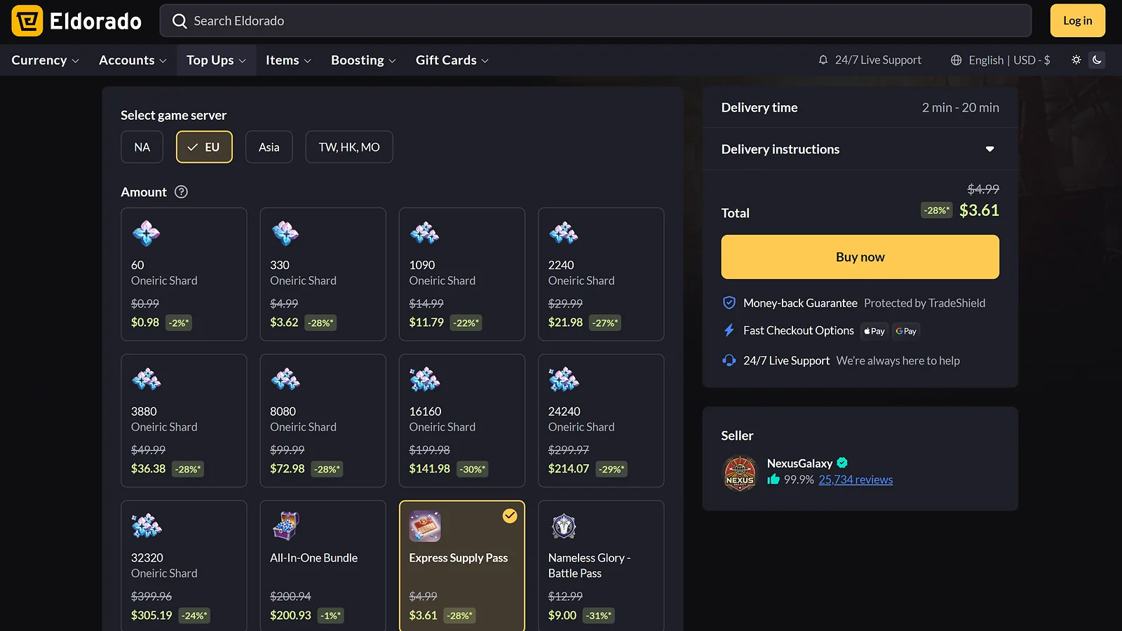 Eldorado.gg seller listings offering discounted bundles and cheap Oneiric Shards for EU and NA servers