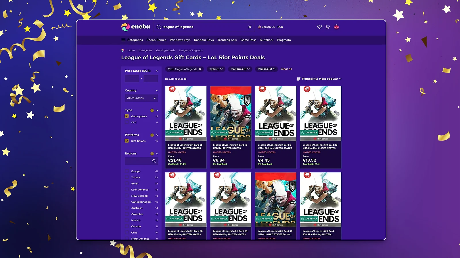 Eneba marketplace to buy League of Legends gift cards: Home page showing discounted Riot Points and LoL deals