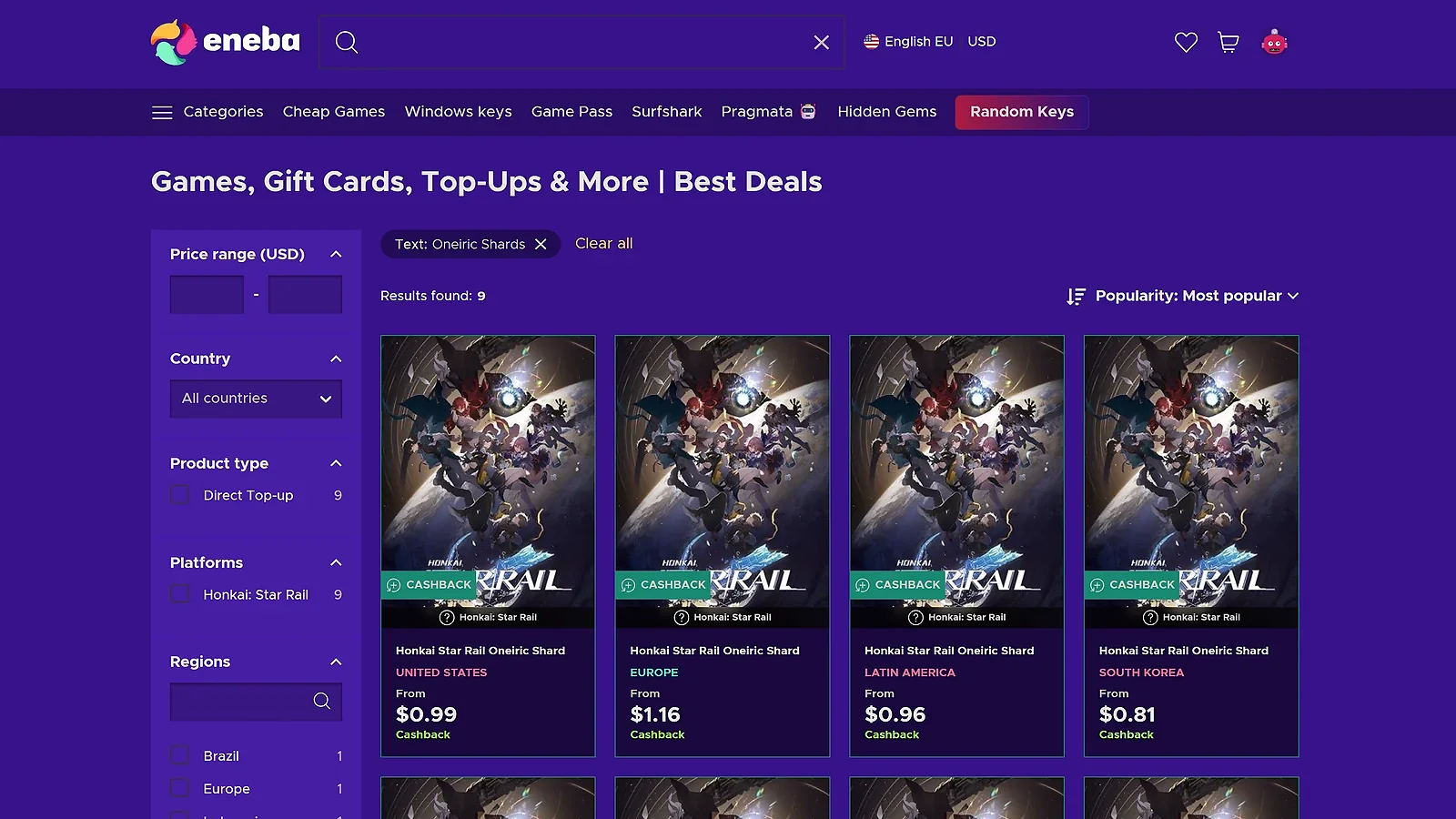 Eneba deals page of regional cashback offers for cheap Oneiric Shards top-ups