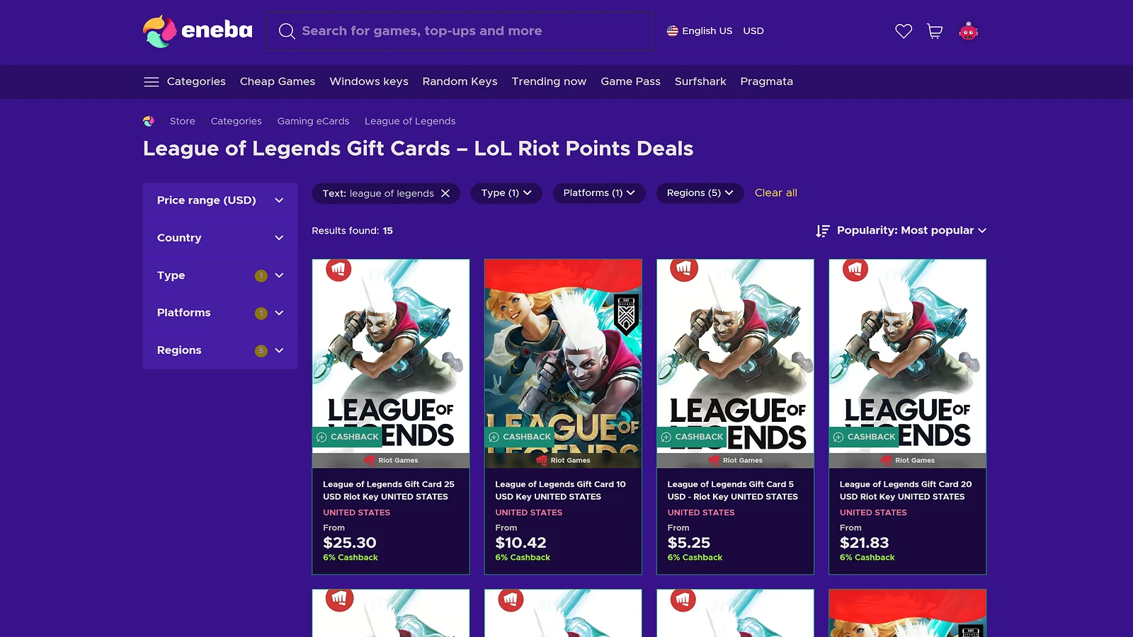 Eneba marketplace to buy League of Legends gift cards: Home page showing Riot Points deals and prices