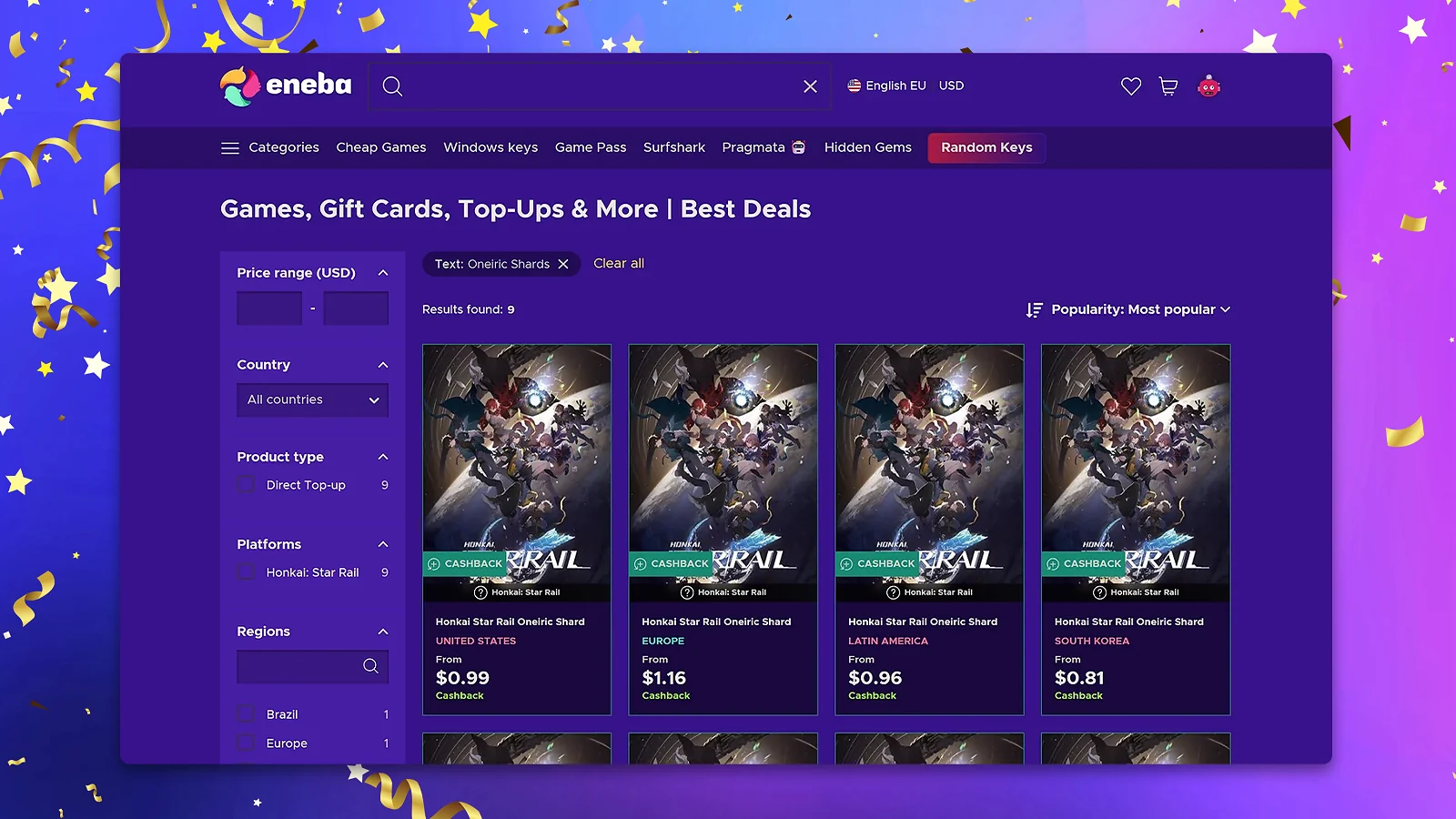 Eneba marketplace interface of Honkai Star Rail Oneiric Shard deals for different global regions