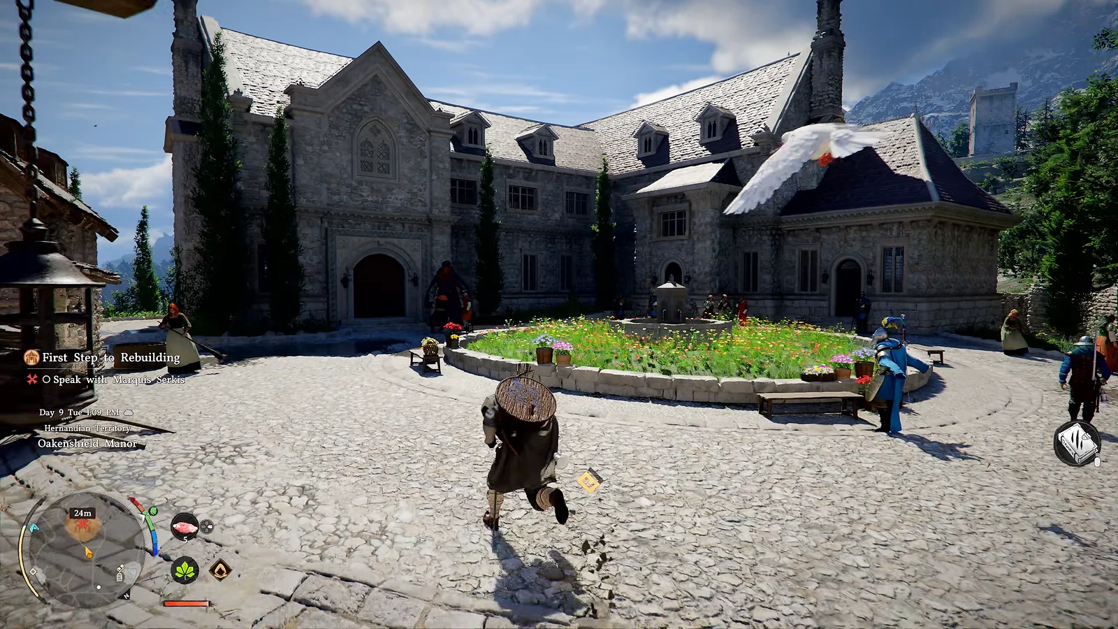 Crimson Desert gameplay showing the First Step to Rebuilding mission at Oakenshield Manor