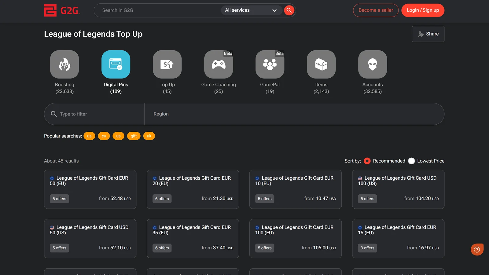 G2G marketplace to buy League of Legends gift cards: Top up options and digital pins for multiple regions
