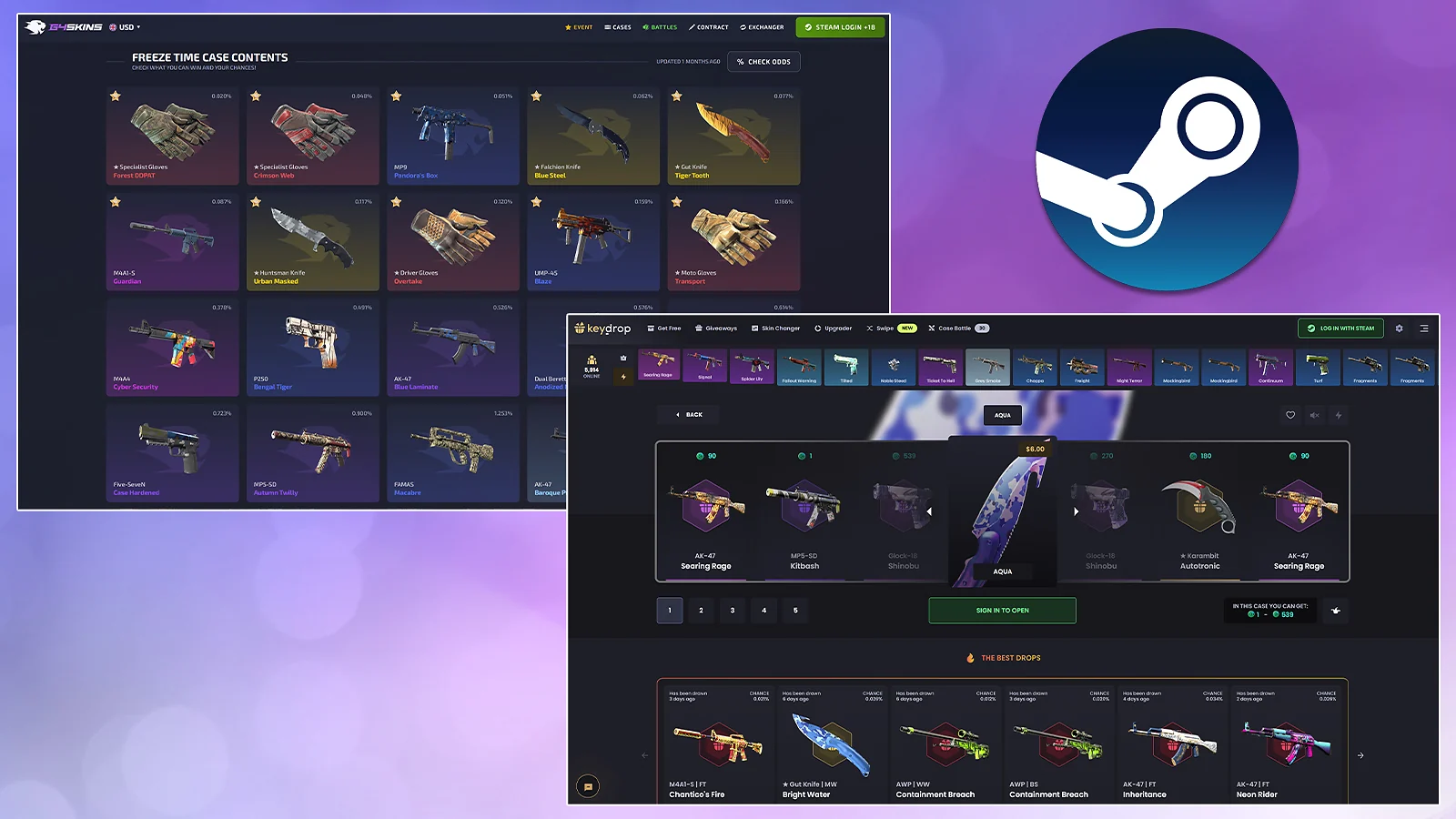 G4Skins and Key-drop interfaces highlighting Steam withdrawal and available CS2 weapon skins and gloves