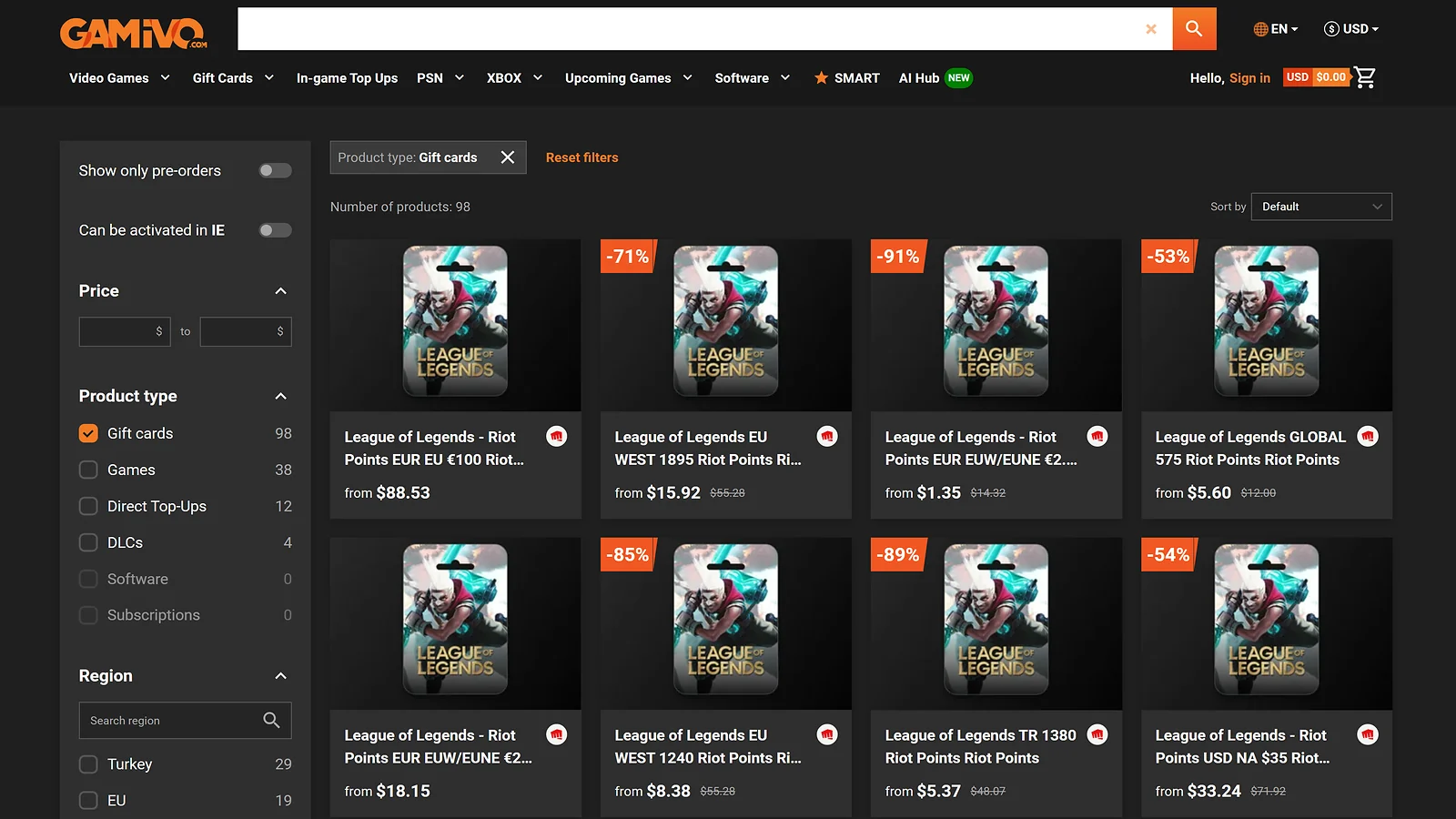 Gamivo marketplace to buy League of Legends gift cards: Grid of Riot Points deals with regional filters