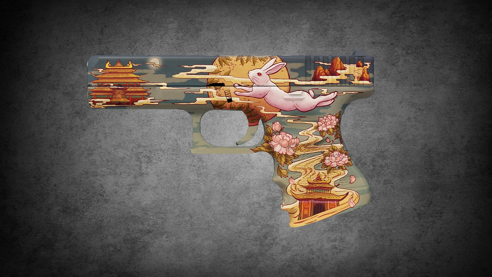 Glock-18 Umbral Rabbit skin featuring a pink rabbit and traditional Japanese temple art in CS2