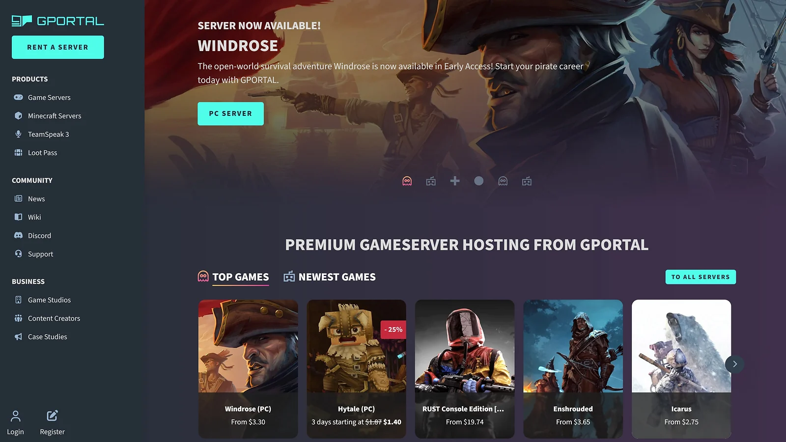 G-Portal website promoting premium gameserver hosting for Windrose, Hytale, and RUST