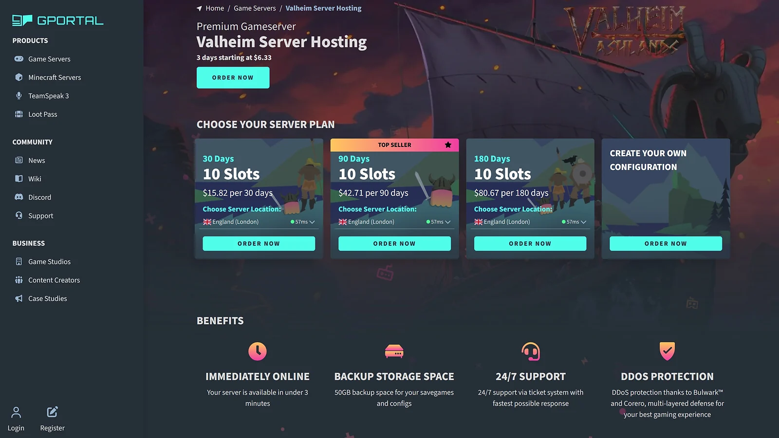 G-Portal: Valheim Server Hosting 10 slot plans with London server location options