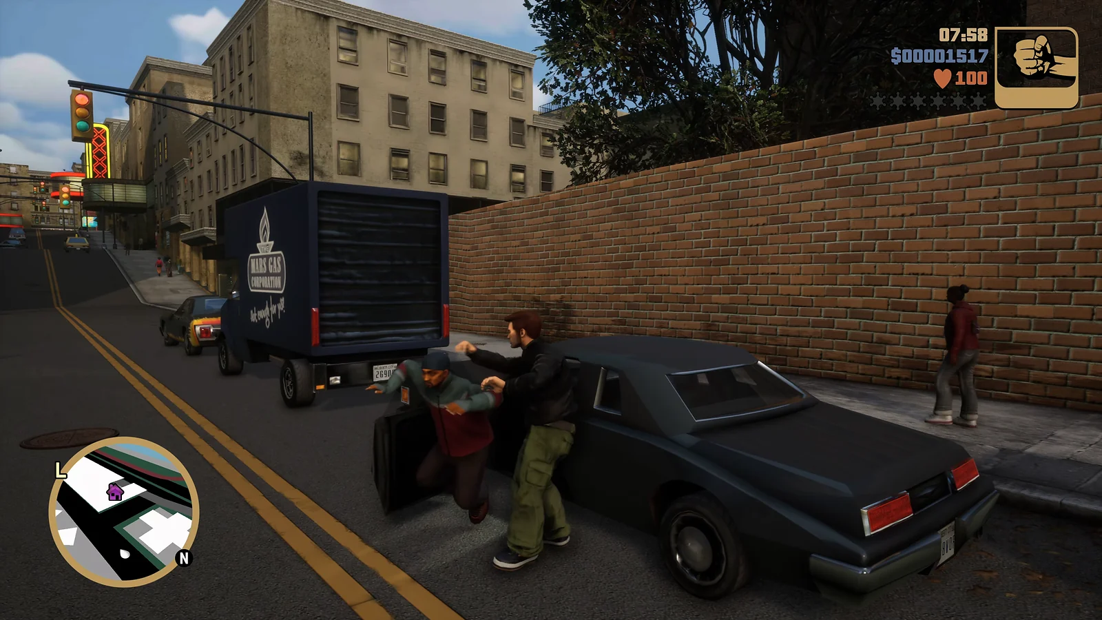 Claude hijacking a car on a Liberty City street in GTA III
